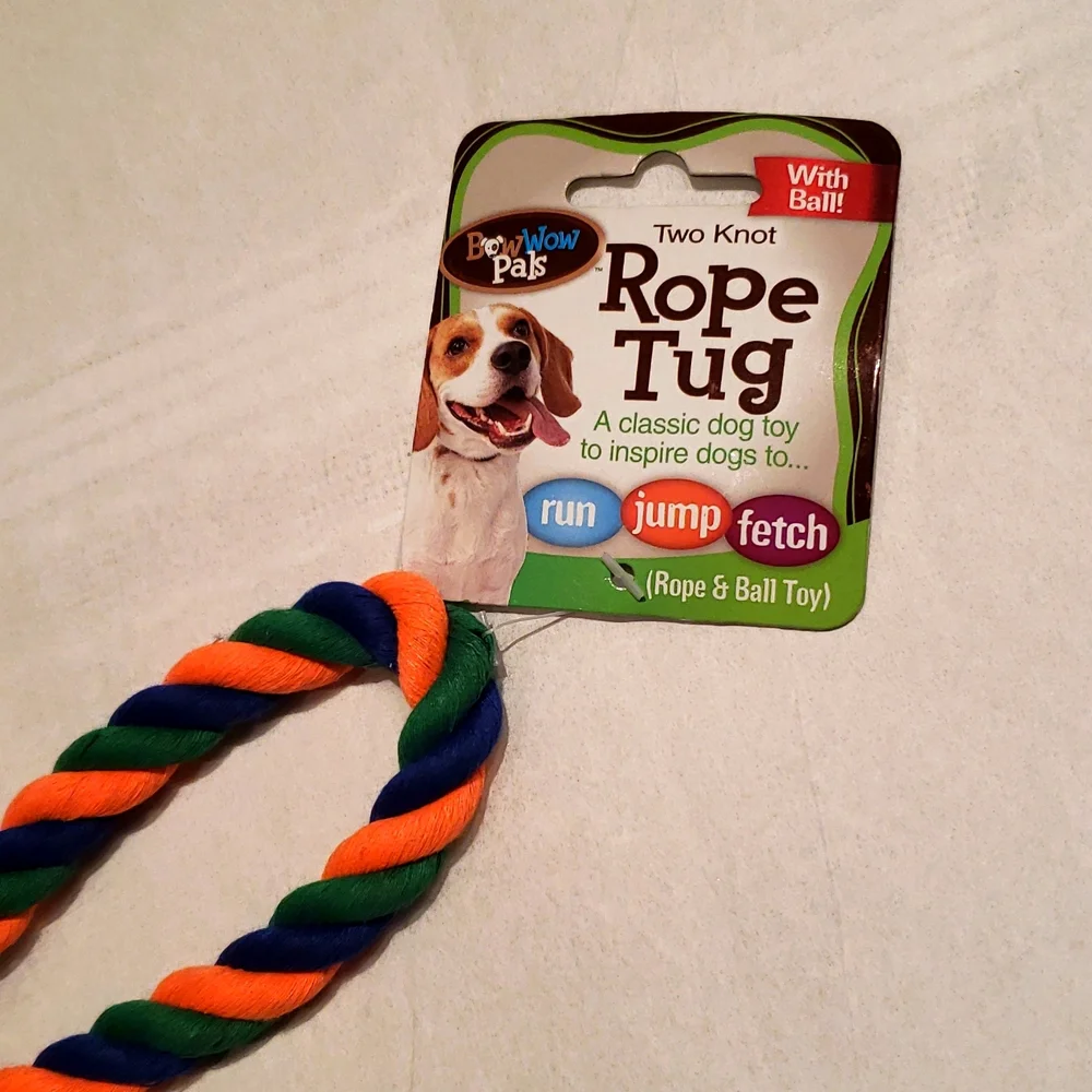 Bow Wow Pals NEW DOG TOY Classic Rope Tug w/Ball Two Knot RUN ~ JUMP ~ FETCH